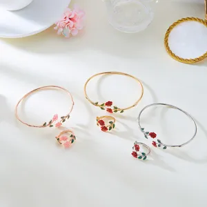 European American Fashion Copper Rose Flower Jewelry Set Open Bangle Bracelet And Adjustable Ring For Women Drip Oil Enamel Floral Jewelry Gift