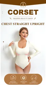 Detail shot of seamless long sleeve shaping bodysuit, ribbed breathable fabric design.