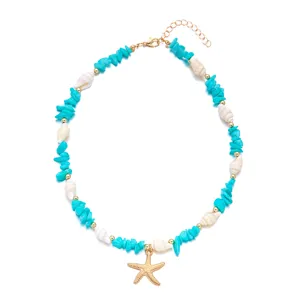 Bohemian style turquoise gravel necklace with seashells and gold starfish pendant