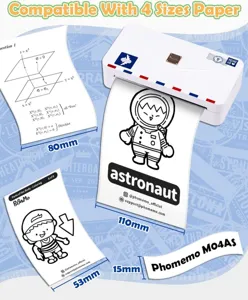 Phomemo M04AS mini thermal printer supporting 4 paper sizes for versatile portable printing.
