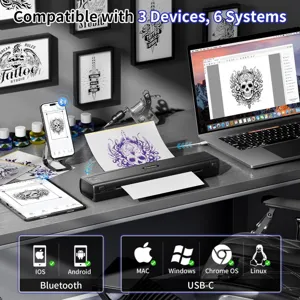Portable thermal tattoo printer with Bluetooth, compatible with multiple systems and devices.
