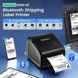 Bluetooth thermal shipping label printer detail view showing connection and compatibility features.