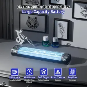 Portable rechargeable tattoo printer with large capacity battery for wireless tattoo design printing.