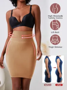 Detail view of high waisted seamless shapewear skirt, tummy control and butt lifting design.
