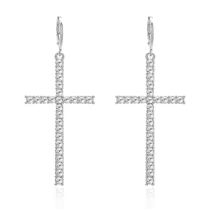 Elegant silver plated cross hoop earrings for women with sparkling clear rhinestones