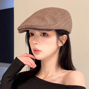 Japanese Style Seersucker Stripe Newsboy Cap Retro Flat Cap Cotton Summer Outdoor Visor Hat For Men Women