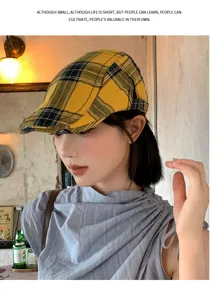 Vintage British style plaid beret hat for women, fashionable retro ivy cap for daily wear.