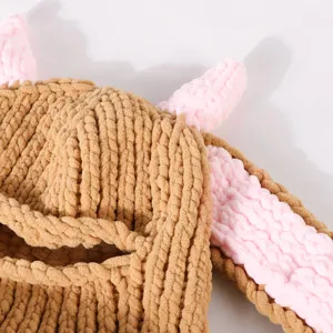 Chunky knit bunny ear ski cap winter warm balaclava cute plush stylish pullover hat.