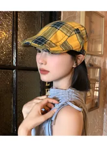 Retro plaid ivy cap for women, stylish summer vintage flat hat, chic newsboy cap.