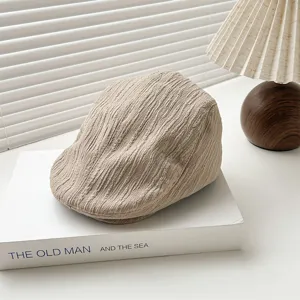 Beige pleated flat cap retro autumn winter ivy cap casual newsboy beret hat for women.