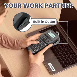 Portable handheld label maker with QWERTY keyboard, LCD screen and built-in cutter.