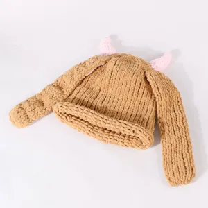 Fashionable rabbit ears knitted ski hat, plush warm winter cap with long ear design for women.