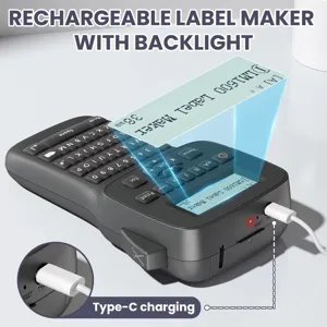 Rechargeable label maker with backlight, portable thermal printer with QWERTY keyboard.