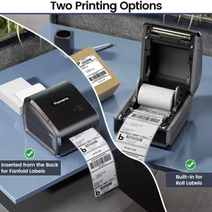 Phomemo Bluetooth thermal label printer with dual printing options for roll and fanfold.