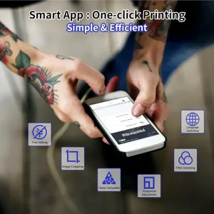 Portable thermal tattoo printer companion app interface showing smart printing and editing features.