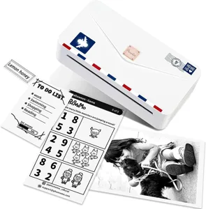 Close-up detail of portable mini thermal printer with sample prints, clear and compact design.