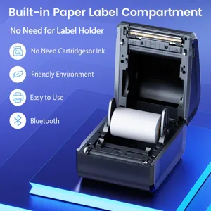 Portable Bluetooth thermal label printer with built-in paper compartment for fast barcoding.