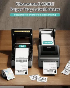 Phomemo D450BT label printer supporting roll and fanfold thermal printing for shipping.