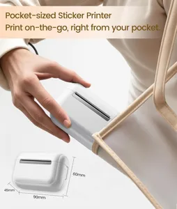 Mini pocket sticker printer detail view, portable Bluetooth thermal print device for notes.