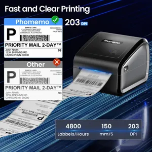 Bluetooth thermal label printer, fast 150mm/s speed, 203 DPI high resolution, black design.