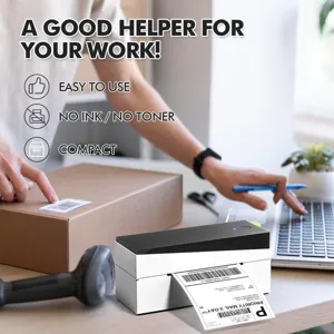 Wireless thermal label printer for shipping and barcode printing, compact and inkless design.