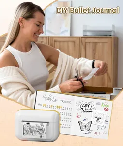 Detailed scene of portable mini thermal printer in use, creating DIY bullet journal notes easily.