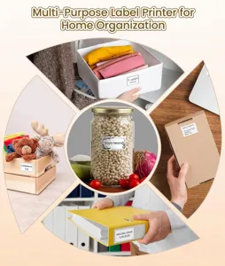 Portable thermal label printer detail view showing multi-purpose home organization applications.