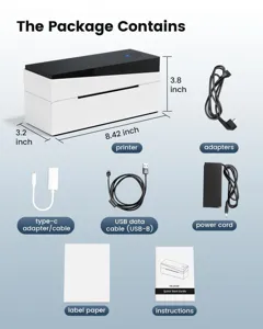 Phomemo wireless barcode printer package contents showing printer, cables, adapters and manual.
