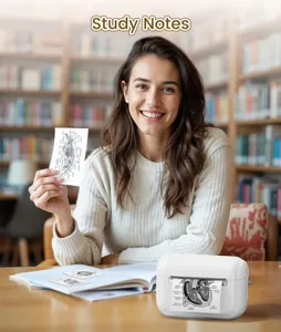 Portable mini thermal printer for notes and photos with bluetooth connectivity and compact design.