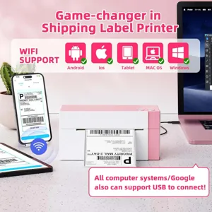 Wireless thermal shipping label printer, pink desktop Bluetooth label maker for multiple OS.