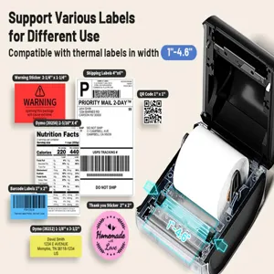 Thermal label printer detail view showing multi-size label compatibility and structure.
