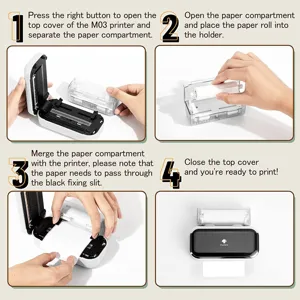 Phomemo M03 thermal printer paper roll replacement guide and main product display image.