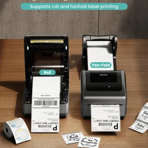 Phomemo D450-BT wireless thermal label printer supporting roll and fanfold paper for shipping.