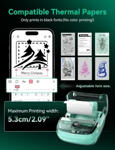 Mini thermal printer detail showing app interface, 5.3cm print width, and black printing.