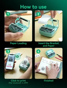 Mini portable thermal printer detail view showing easy paper loading and bluetooth operation steps.