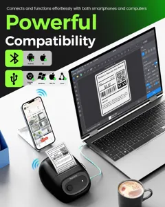 Phomemo M160 wireless thermal label printer detail view with software connection features.