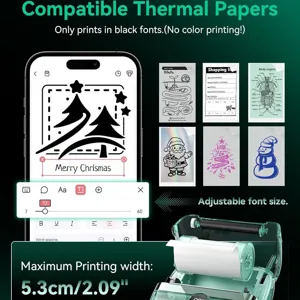 Portable mini thermal pocket printer with adjustable font size and 5.3cm printing width.