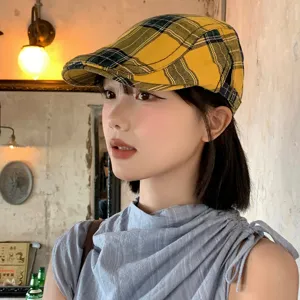 Retro British plaid flat cap for women, stylish summer thin newsboy hat versatile outfit.