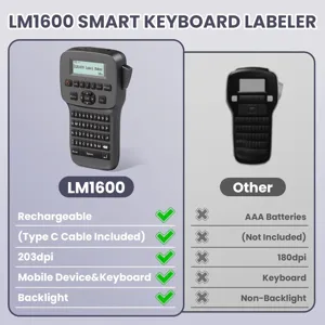 Portable thermal label maker with QWERTY keyboard, rechargeable battery and 203dpi high resolution.