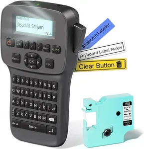 Handheld label maker with QWERTY keyboard and backlit screen for organized cable printing.