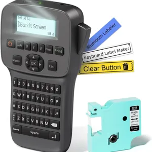 Portable Bluetooth label maker machine with QWERTY keyboard and thermal ribbon cartridge.