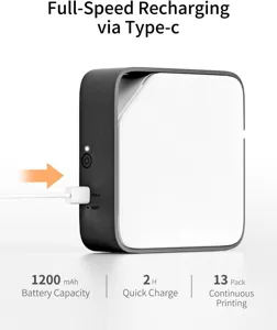 Portable mini label printer detail showing Type-C port and compact black housing design.