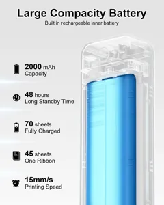 Printer internal battery feature detail graphic showing 2000mAh capacity and long standby time.