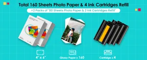 Compatible 6-inch photo paper 160 sheets and 4 ink cartridges refill set for printing needs.