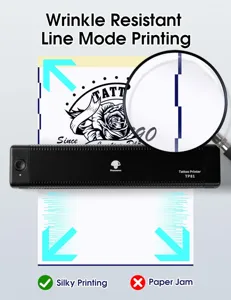 Phomemo TP81 portable tattoo printer detail view showing wrinkle resistant line printing features.
