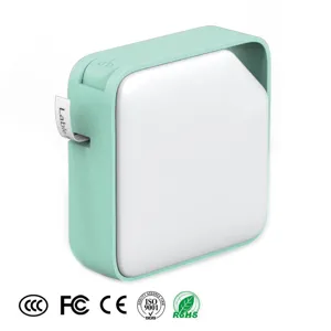 Portable mini bluetooth thermal label printer machine in mint green, front view product shot.