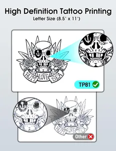 High definition tattoo transfer printer detail showing Letter size paper and clear print.