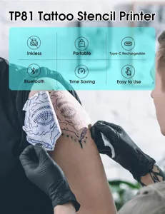 Detailed view of tattoo stencil printer application showing portable bluetooth and inkless design.