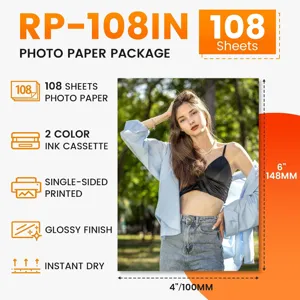 Papel fotográfico y cartucho de tinta compatibles juego 108 hojas acabado brillante.