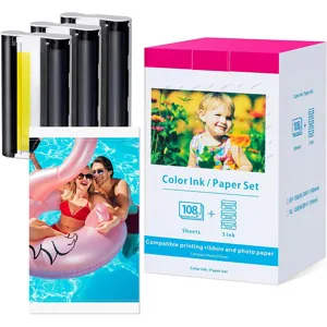 Set de papel fotografico y tinta compatible 108 hojas 3 cintas para impresoras compactas.